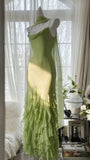 Green Stylish Elegant Spaghetti Straps Long Ruffled Mermaid Slim Fit Chiffon Ball Gown Birthday Party Dress Evening Dress Prom Dress HZ1023