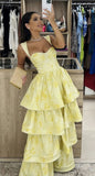 Yellow sweet elegant sleeveless ruffle floor length long tiered ball gown evening dress birthday party dress HZ1023