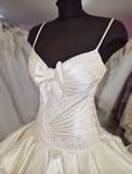 Ivory fashion unique elegant bow A-line long satin tulle princess ball gown evening dress wedding dress adult ceremony dress HZ1023