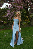 Blue Fashion Elegant Floral Long Satin Slit Prom Dress Evening Dress Wedding Guest Party Dress Graduation Dress HZ1023