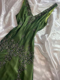 Green Vintage Elegant Delicate Floral Applique Beaded Long tulle Chiffon Prom Gown Evening Dress Party Dress HZ1023