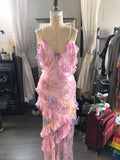 Dreamy elegant spaghetti strap pink layered ruffle maxi dress long chiffon evening gown ball gown HZ1023