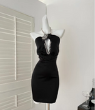 Black Fashion Sexy Deep V Heavy Diamond Short Satin Homecoming Dress Birthday Party Dress Cocktail Party Dress Evening Dress HZ1023