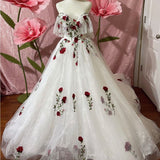 White gorgeous delicate rose applique long A-line tulle ball gown evening gown wedding dress HZ1023