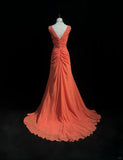 Orange Gorgeous Retro Fashion V-Neck Elegant Exquisite Pearl Beads Long Tulle Chiffon Floor-Length Trailing Ball Gown Evening Dress Prom Dress HZ1023
