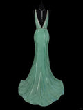 Mint Green Fashion Elegant V-neck Long Mermaid Slim Fishtail Skirt Satin Floor Length Train Ball Gown Evening Gown Party Dress Prom Dress HZ1023