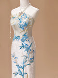 White Luxury Gorgeous Shiny Unique Fashion Elegant Exquisite Floral Bamboo Beads Sequins Suspender Long Ball Dress Evening Dress Bridal Wedding Reception Dress Prom Dress HZ1023