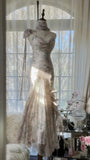 Pink Romantic Fashion Elegant Exquisite Beaded Spaghetti Straps Long Tulle Chiffon Ruffle Ball Gown Evening Dress Party Dress HZ1023