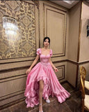 Pink Retro Elegant Sweet Short Sleeve Long Ruffles Backless Lace-up Long Satin Evening Dress Birthday Party Dress Homecoming Dress HZ1023