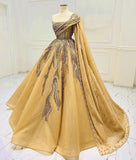 Golden Yellow Gorgeous Exquisite Beaded Long Tulle Ball Gown Evening Dress HZ1023