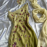Yellow Green gorgeous exquisite vintage embroidered spaghetti strap long ball gown prom dress evening gown HZ1023