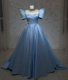 Blue shiny exquisite sequins long floor-length satin ball gown evening gown graduation prom dress HZ1023