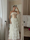 White Vintage Fashion A-line Off-shoulder Long Chiffon tulle Tiered Ruffle Ball Gown Evening Dress Party Dress Prom Dress HZ1023