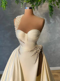One Shoulder Pearls Satin Bridal Gown evening dress HZ1023
