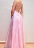 Pink Fashion Elegant Exquisite Beaded Spaghetti Straps Long Tulle Satin Prom Dress Evening Dress Party Dress Graduation Dress HZ1023