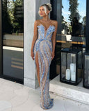 Gorgeous beaded sexy elegant V-neck low-cut long slit prom dress evening gown party dress HZ1023