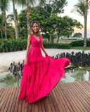 Pink Elegant Sexy V-neck Lace Spaghetti Straps Long Chiffon Ruffle Ball Gown Evening Dress Wedding Guest Party Dress HZ1023