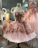 Pink Gorgeous Exquisite Beaded Floral Applique Short Homecoming Dress Evening Dress Prom Dress Handmade Flowers 14/16 Birthday Outfit Party Dress HZ1023