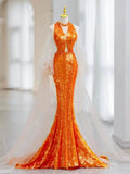 Orange Gorgeous Shiny Elegant Long Sleeve Tulle Long Sequin Mermaid Slim Ball Gown Evening Dress Party Dress HZ1023