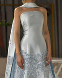 Blue gorgeous exquisite floral beaded long satin ball gown evening gown graduation dress HZ1023