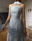 Blue gorgeous exquisite floral beaded long satin ball gown evening gown graduation dress HZ1023
