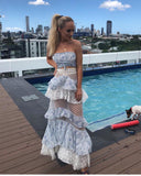 Blue floral lace ruffle long two piece suit evening gown party dress HZ1023