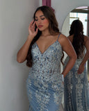 Blue gorgeous shiny spaghetti strap bodycon long tulle ball gown mermaid evening dress HZ1023