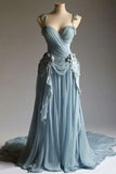 Blue Gorgeous Retro Fashion Elegant Floral Appliqu¨¦ A-Line Long Tulle Floor-length Tail Evening Gown Prom Dress HZ1023
