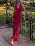 Pink Fashion Elegant Charming V Neck Floral Print Long Satin Ball Gown Evening Dress Holiday Party Dress HZ1023