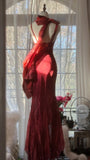 Red Romantic Fashion Elegant Exquisite Lotus Gold Beaded Long Chiffon Fishtail Skirt Mermaid Slim Ball Gown Evening Dress Birthday/Wedding Guest/Holiday Party Dress Prom Dress Valentine's Day Date Dress HZ1023