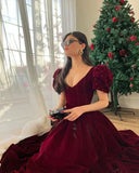 Burgundy Velvet V Neck Short Puff Sleeve Beaded A-Line Long Floor Length Ball Gown Evening Dress Christmas Party Dress HZ1023