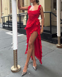 Red square neck spaghetti straps long chiffon ruffles elegant sexy slit ball gown evening dress wedding guest party dress HZ1023