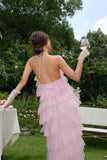 Pink Sweet Backless Long Tulle Ball Gown Evening Dress Party Dress HZ1023