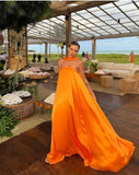 Orange Elegant Flowing A-Line Off Shoulder satin Long Ball Gown Evening Dress Wedding Guest Party Dress HZ1023