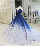 Blue Shiny Elegant V-Neck Applique Gradient Long Ball Gown Prom Dress Evening Dress Adult Ceremony Dress HZ1023