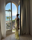 Yellow V-neck sequined mermaid slim long tulle ball gown evening dress party dress HZ1023