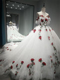 White gorgeous delicate rose applique long A-line tulle ball gown evening gown wedding dress HZ1023