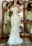 White Vintage Fashion A-line Off-shoulder Long Chiffon tulle Tiered Ruffle Ball Gown Evening Dress Party Dress Prom Dress HZ1023
