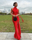 Red simple elegant ribbon backless long slit sexy satin ball gown evening dress wedding guest dress HZ1023