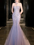 Blue gorgeous shiny beautiful off-shoulder exquisite beading long tulle mermaid slim fishtail skirt ball gown formal evening gown wedding dress HZ1023
