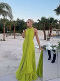 Yellow green fashion pleated backless long elegant chiffon ball gown evening dress party dress HZ1023