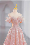 Pink gorgeous shiny dreamy elegant fashion exquisite beaded long floor-length trailing tulle ball gown evening dress HZ1023