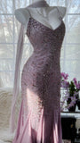 Pink Purple Elegant Romantic Exquisite Beaded Long Chiffon Ball Gown Evening Dress Birthday/Wedding Guest/Holiday Party Dress Prom Dress HZ1023