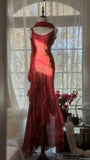 Red Romantic Fashion Elegant Exquisite Lotus Gold Beaded Long Chiffon Fishtail Skirt Mermaid Slim Ball Gown Evening Dress Birthday/Wedding Guest/Holiday Party Dress Prom Dress Valentine's Day Date Dress HZ1023