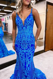 Blue shiny V neck bodycon long elegant sequin ball gown evening dress HZ1023