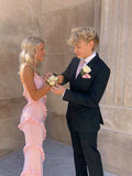 Pink fashion spaghetti strap long chiffon ruffled ball gown, evening dress, party dress HZ1023