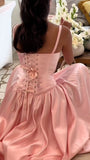 Pink retro elegant sweetheart neckline A-line spaghetti strap satin long evening dress birthday party dress bridesmaid dress HZ1023