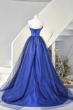 Blue off-the-shoulder A-line satin tulle long party dress prom gown evening gown HZ1023
