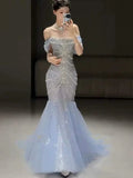 Blue gorgeous shiny beautiful off-shoulder exquisite beading long tulle mermaid slim fishtail skirt ball gown formal evening gown wedding dress HZ1023