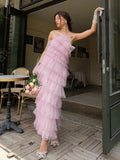 Pink Sweet Backless Long Tulle Ball Gown Evening Dress Party Dress HZ1023